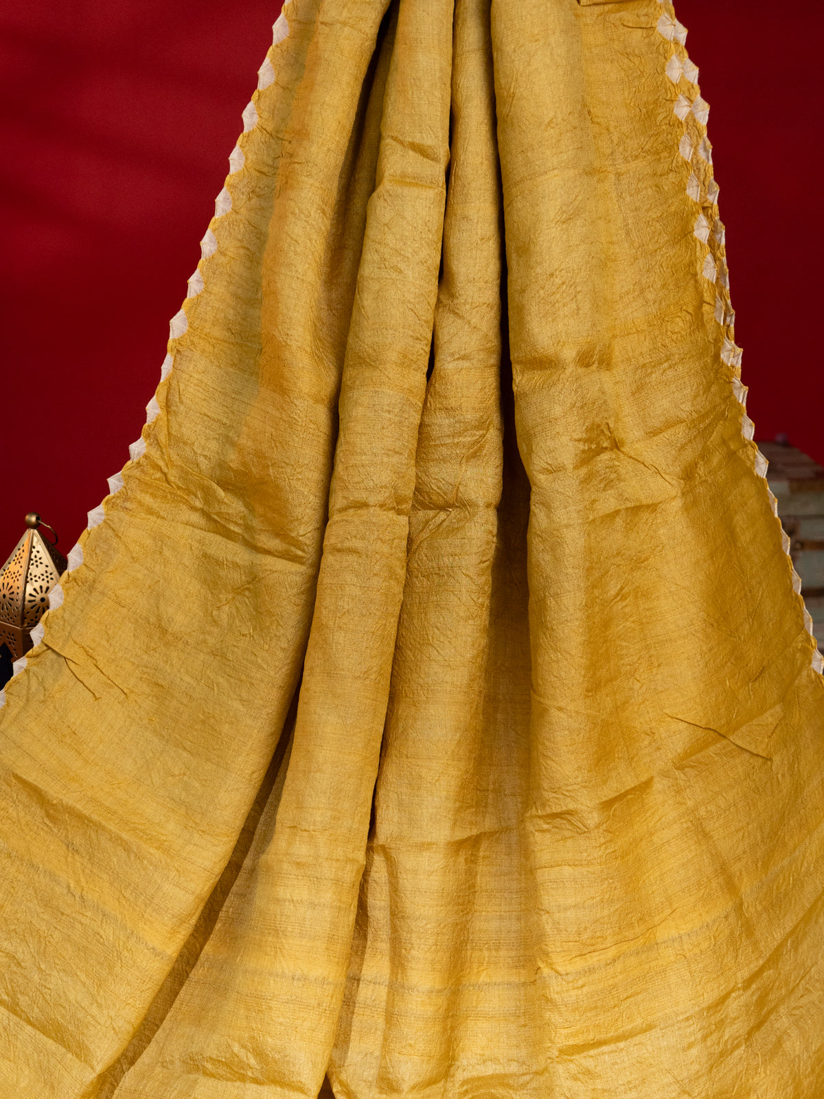 Mustard Shade Tussar Silk Saree With Placement Style Shibori Prints
