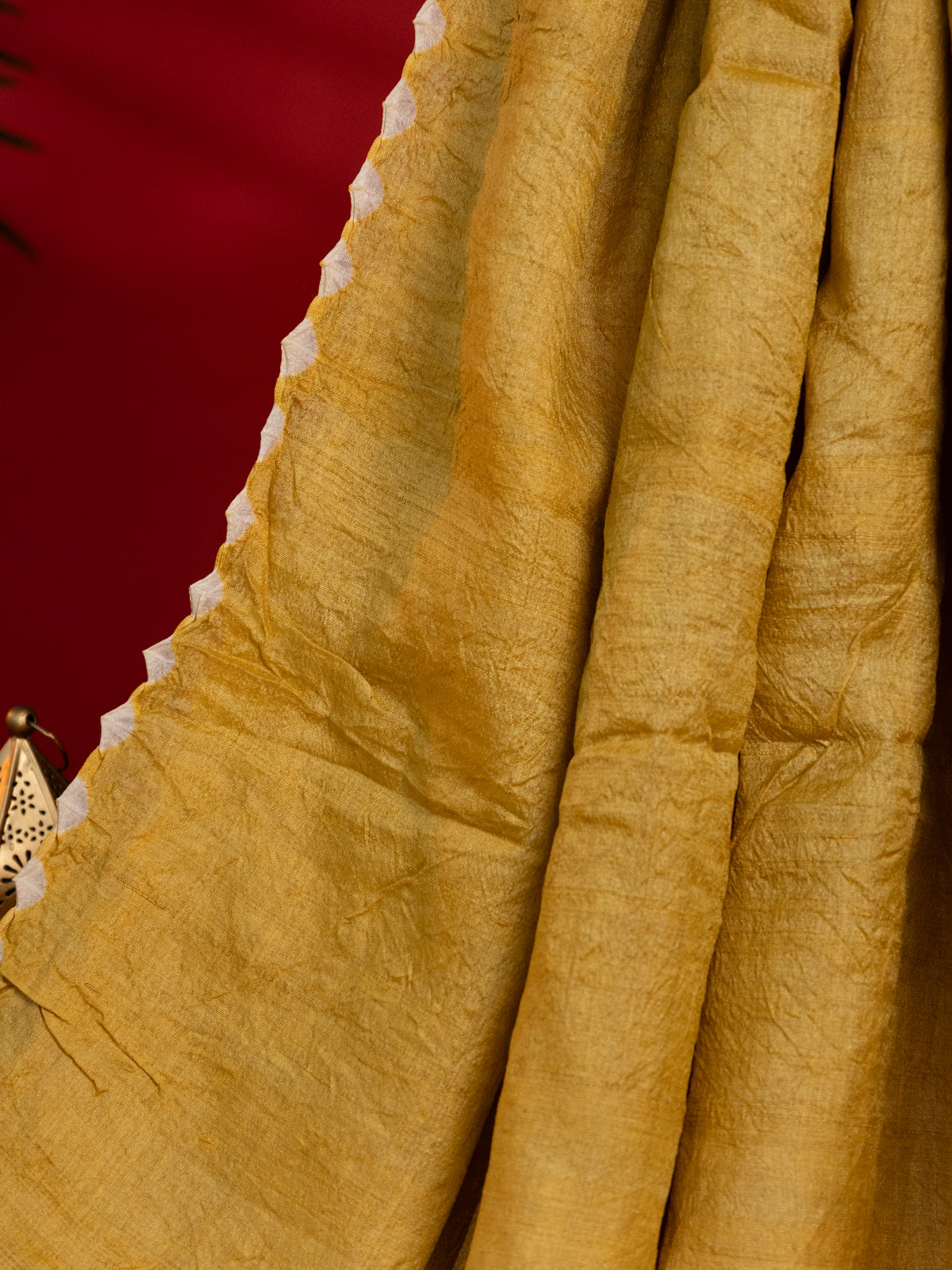 Mustard Shade Tussar Silk Saree With Placement Style Shibori Prints