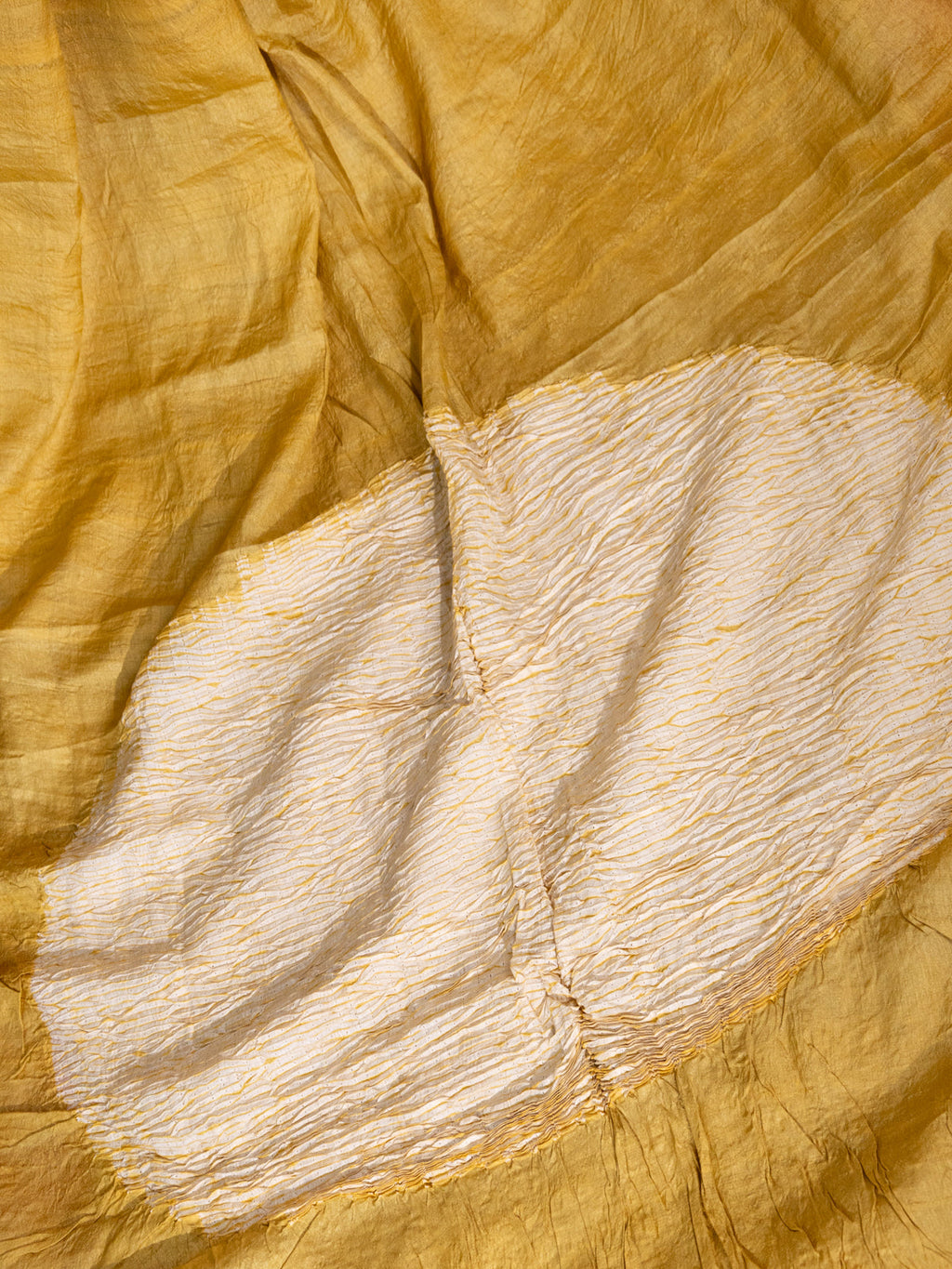 Mustard Shade Tussar Silk Saree With Placement Style Shibori Prints