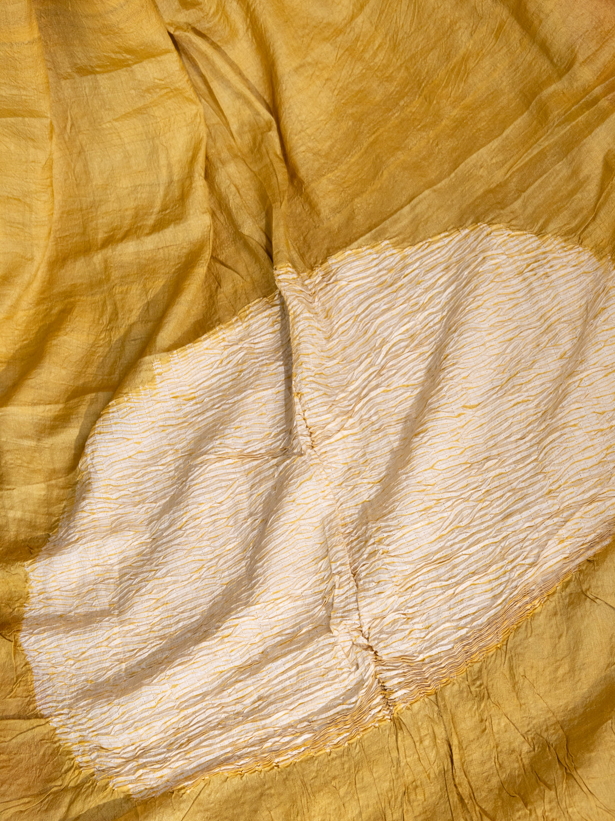 Mustard Shade Tussar Silk Saree With Placement Style Shibori Prints