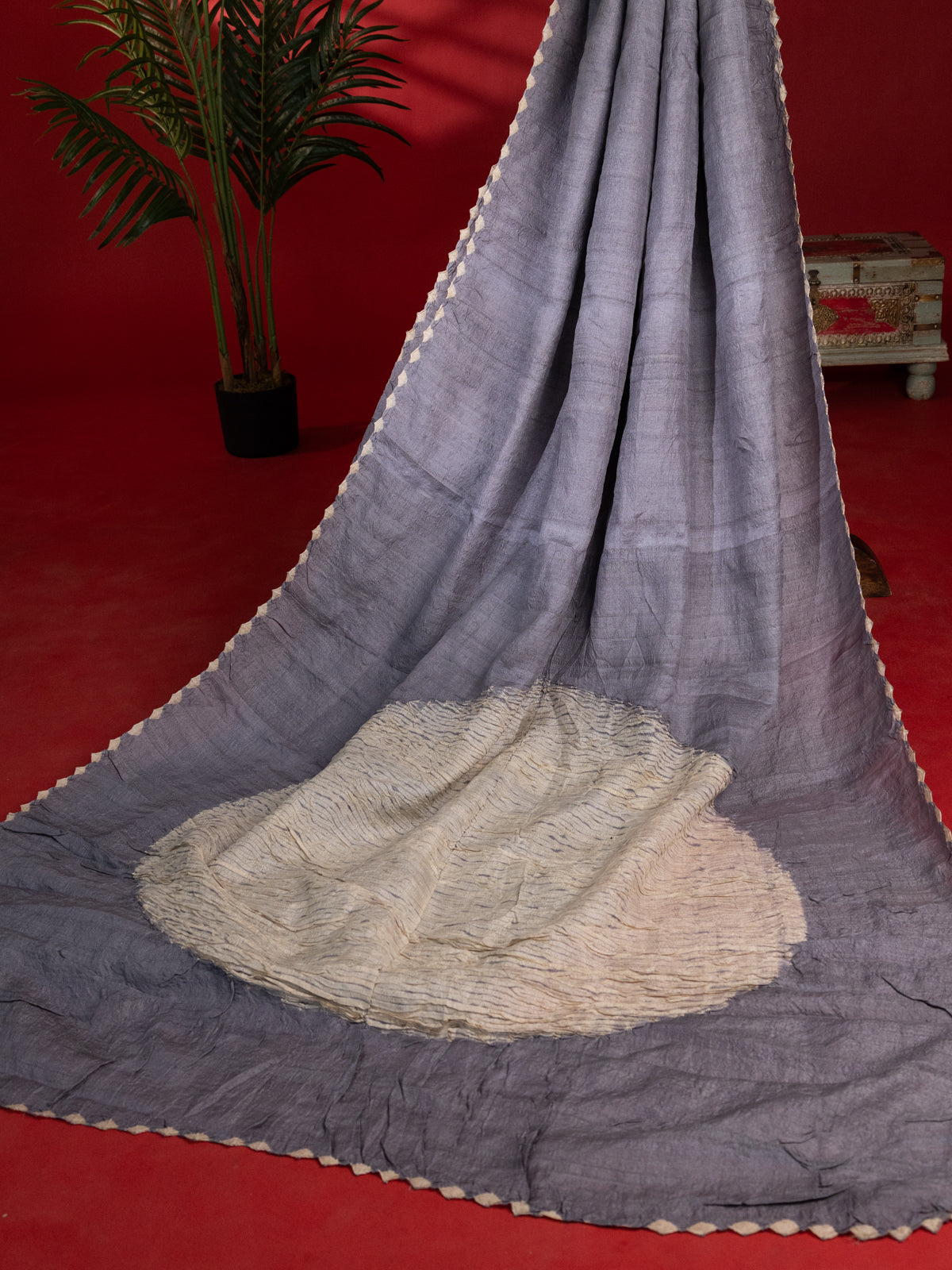 Grey Tussar Silk With Placement Style Shibori Prints