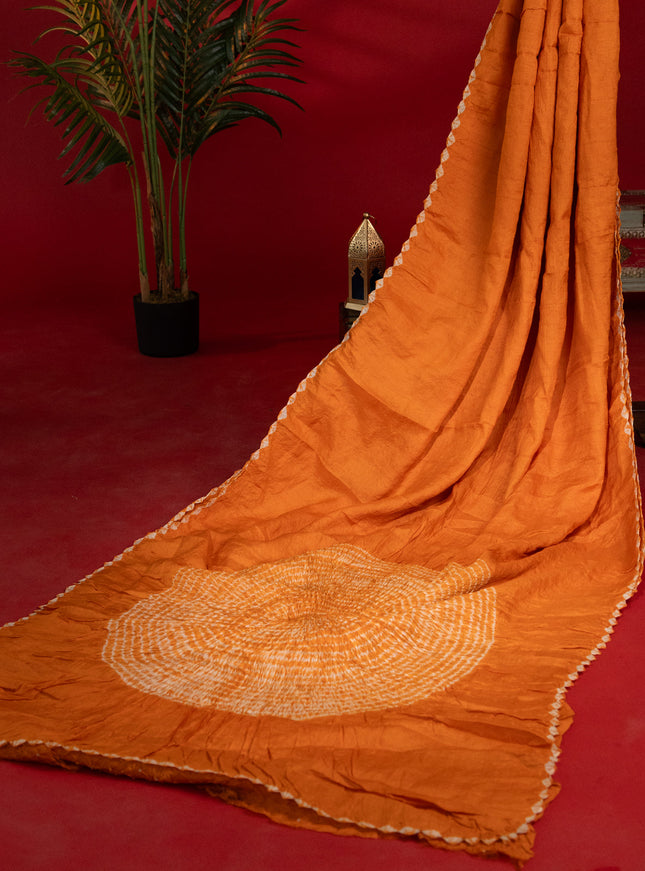 Orange Tussar Silk Saree With Placement Style Shibori Prints