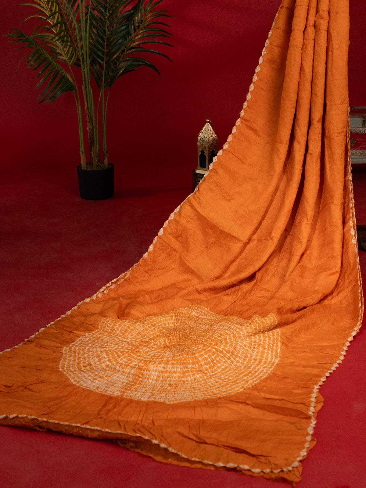 Orange Tussar Silk Saree With Placement Style Shibori Prints