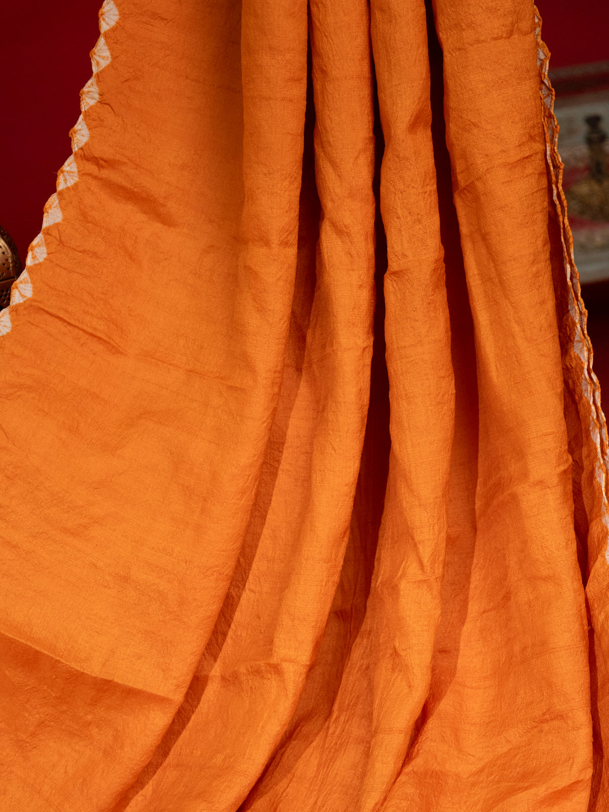 Orange Tussar Silk Saree With Placement Style Shibori Prints