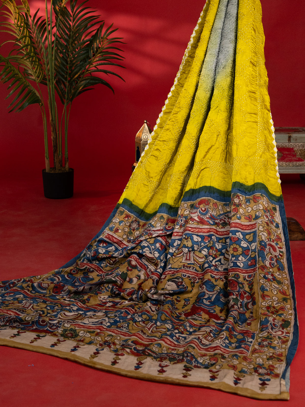 Lime Green & Blue Tussar Silk Saree With Bandhej & Pen Kalamkari