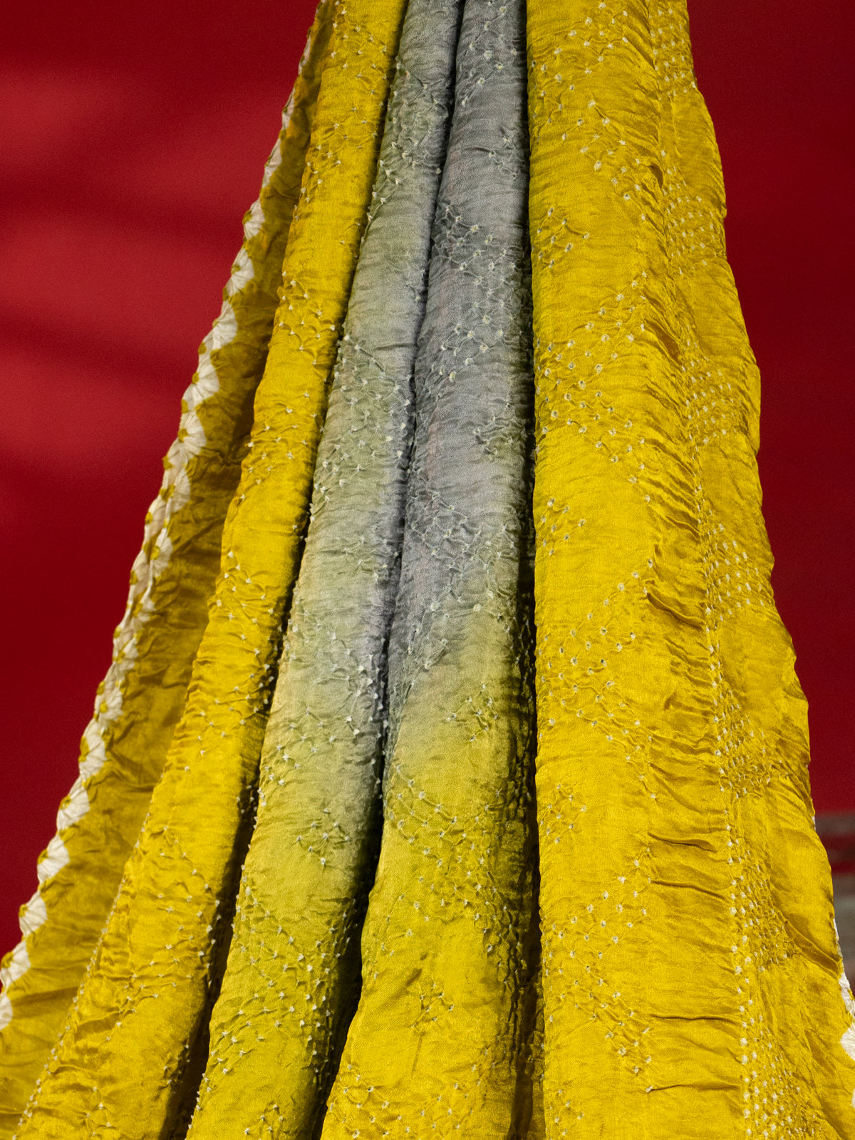 Lime Green & Blue Tussar Silk Saree With Bandhej & Pen Kalamkari
