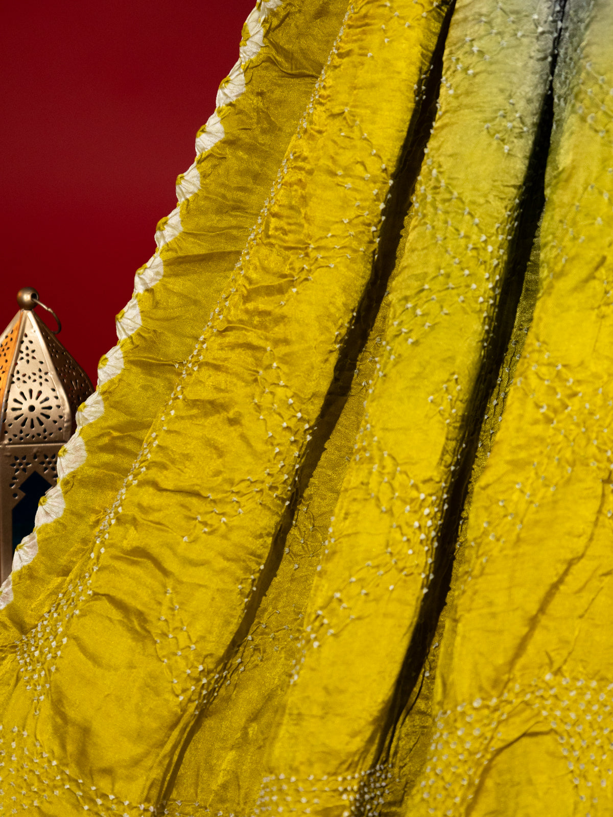 Lime Green & Blue Tussar Silk Saree With Bandhej & Pen Kalamkari