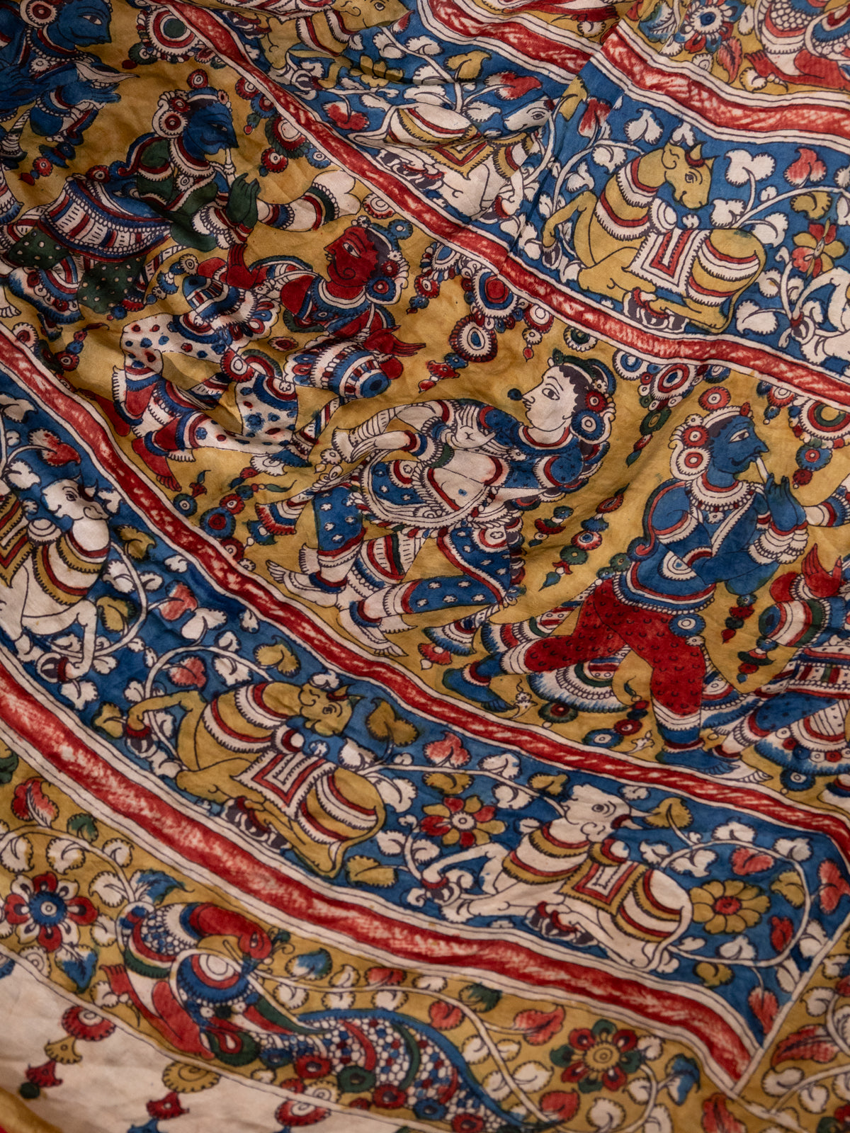 Lime Green & Blue Tussar Silk Saree With Bandhej & Pen Kalamkari