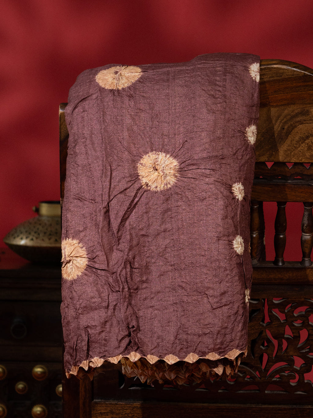 Brown & Sandal Tussar Silk Saree With Shibori