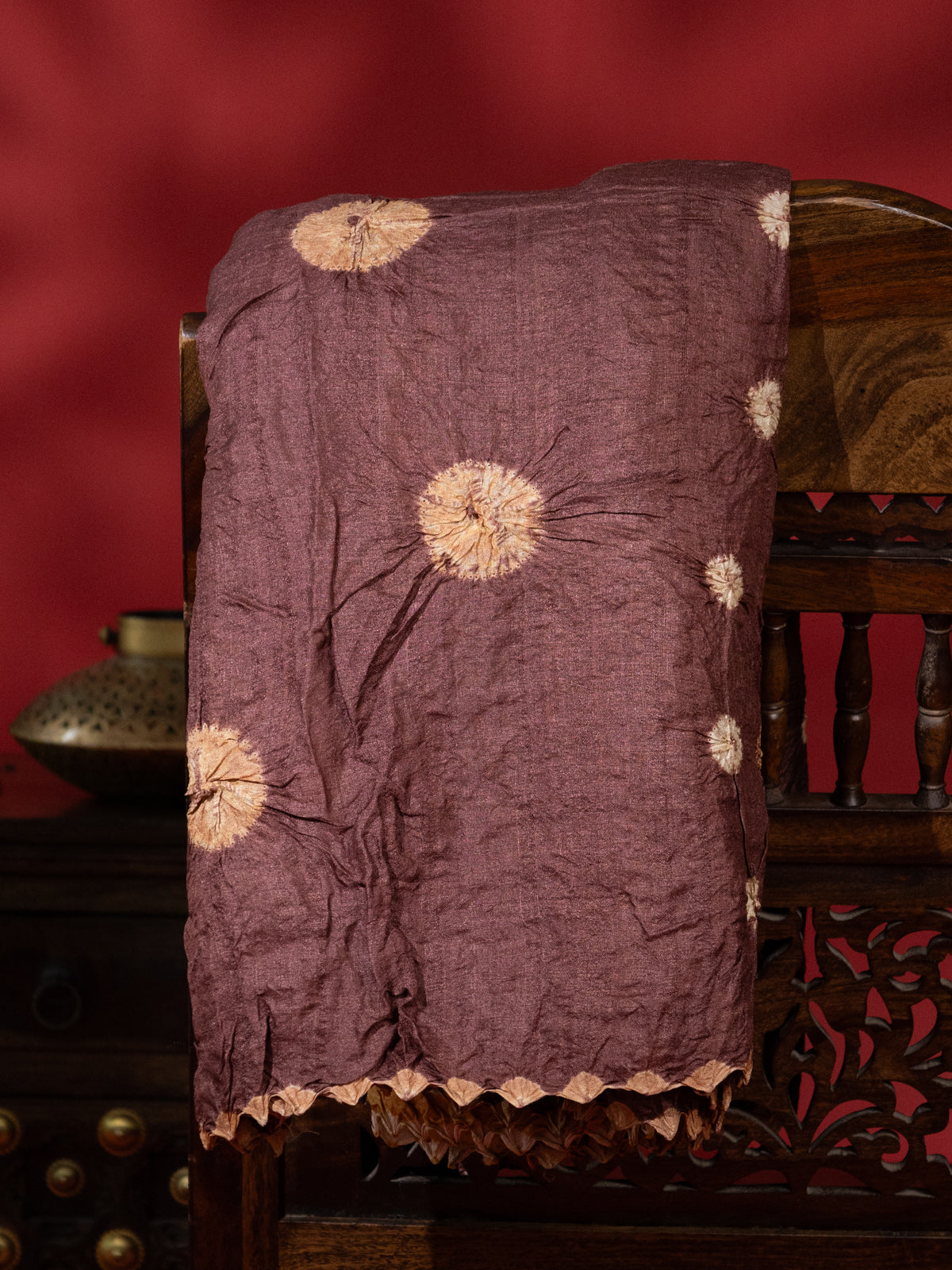 Brown & Sandal Tussar Silk Saree With Shibori