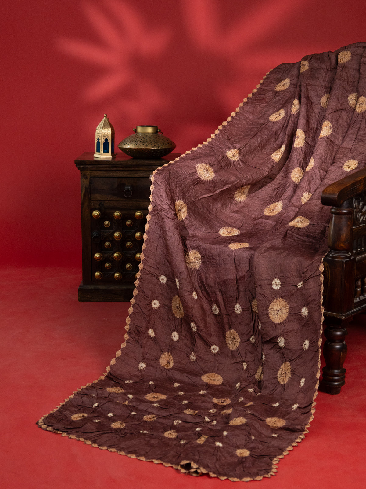 Brown & Sandal Tussar Silk Saree With Shibori