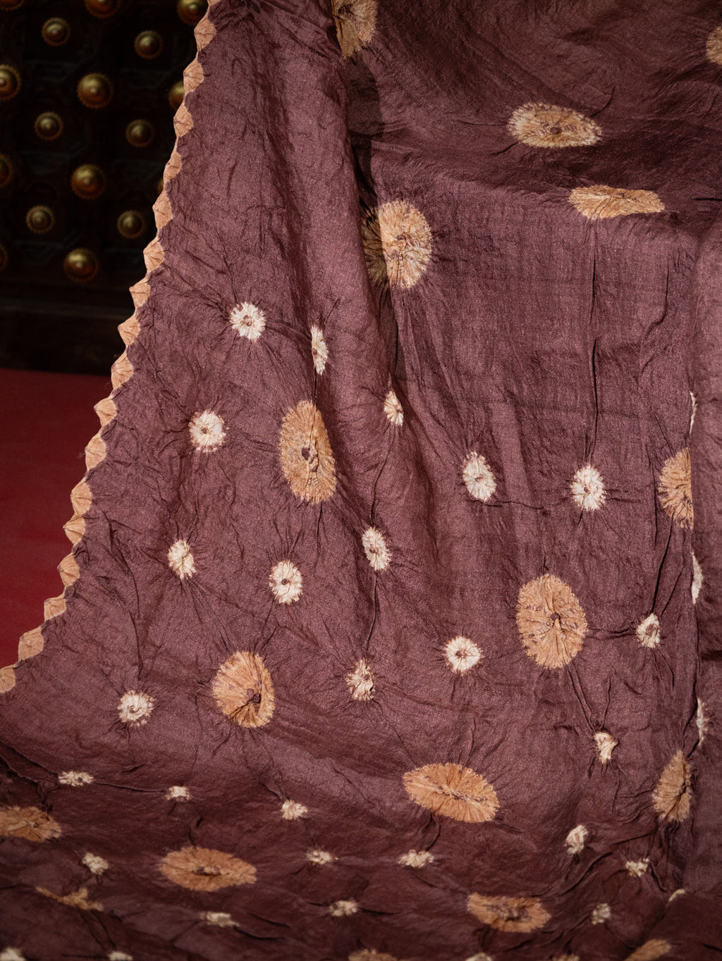Brown & Sandal Tussar Silk Saree With Shibori
