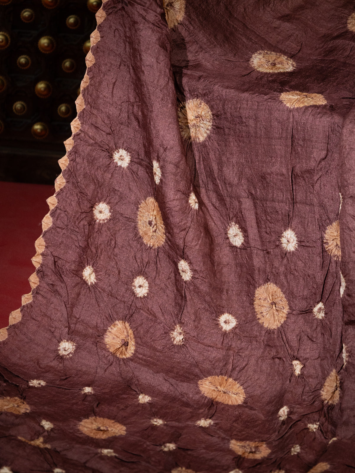 Brown & Sandal Tussar Silk Saree With Shibori