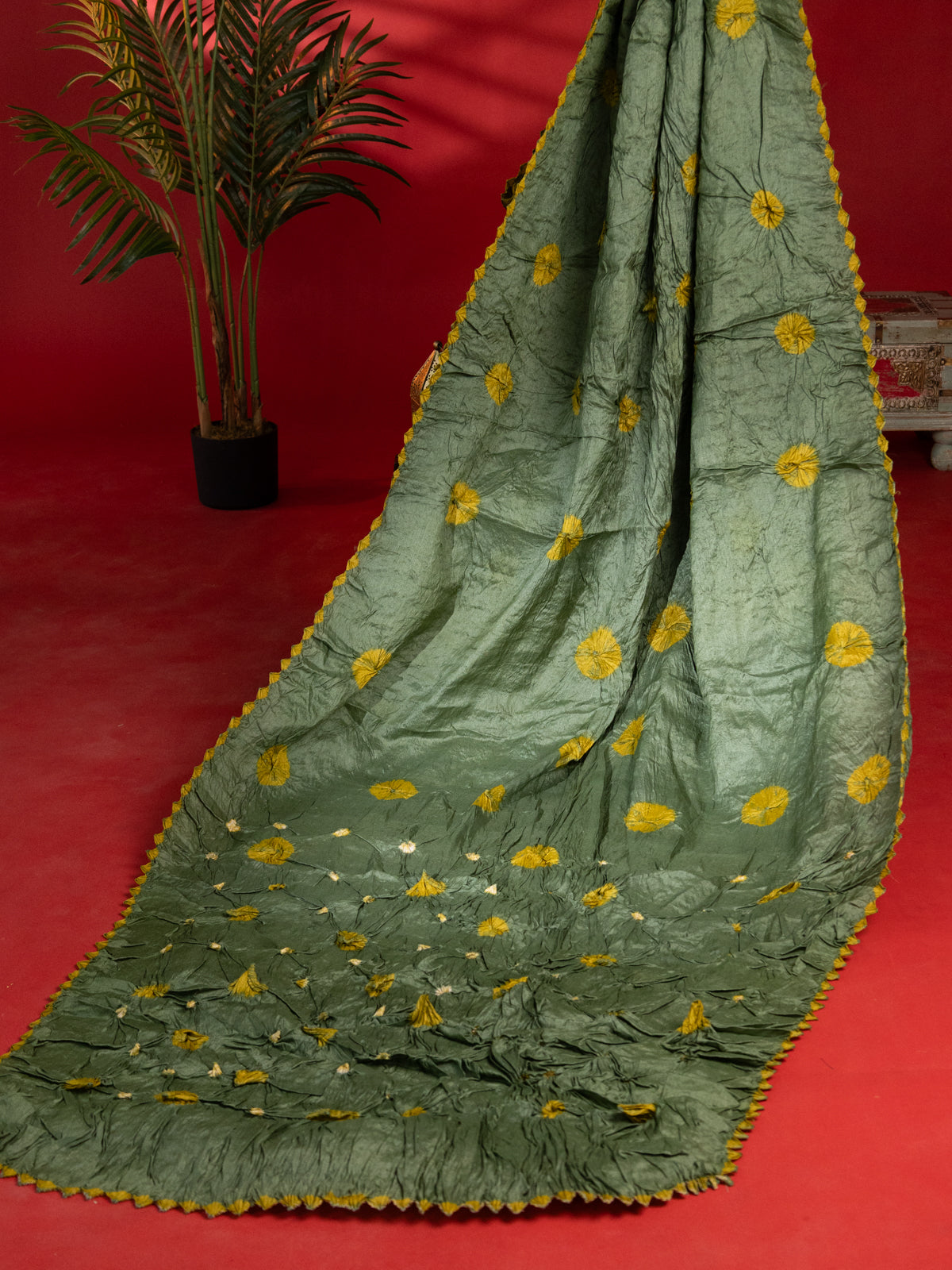 Green & Yellow Tussar Silk Saree With Shibori And Bandhej