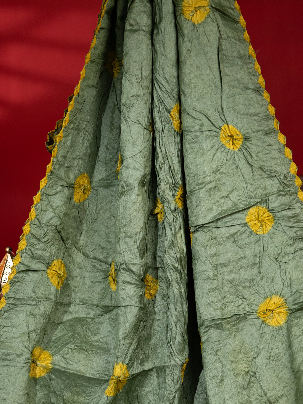Green & Yellow Tussar Silk Saree With Shibori And Bandhej