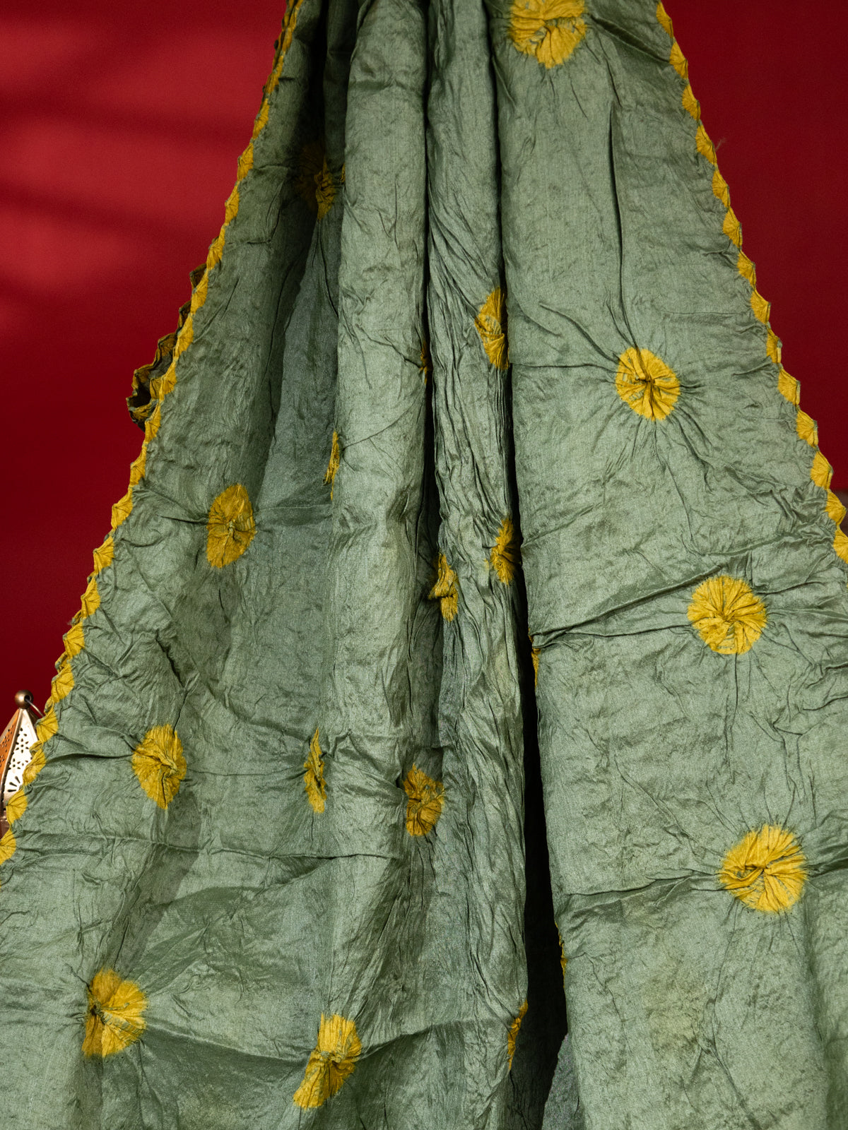 Green & Yellow Tussar Silk Saree With Shibori And Bandhej