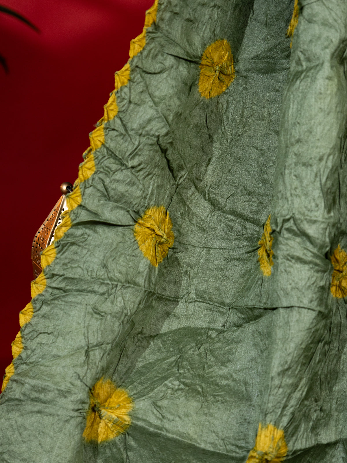 Green & Yellow Tussar Silk Saree With Shibori And Bandhej