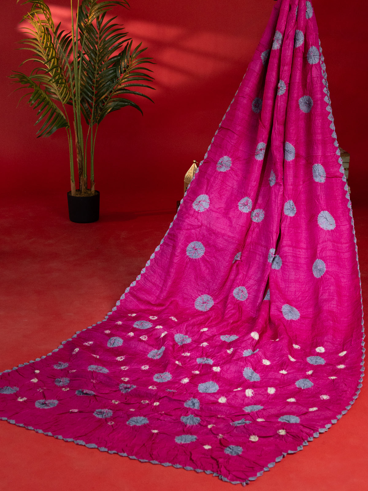 Magenta Pink & Grey Tussar Silk Saree With Shibori