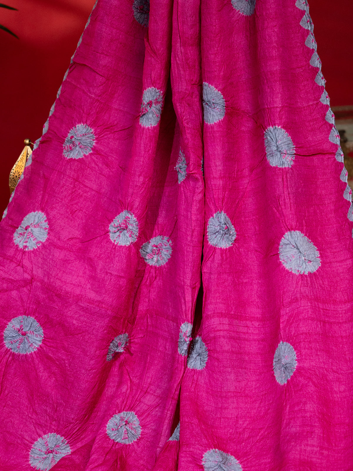 Magenta Pink & Grey Tussar Silk Saree With Shibori