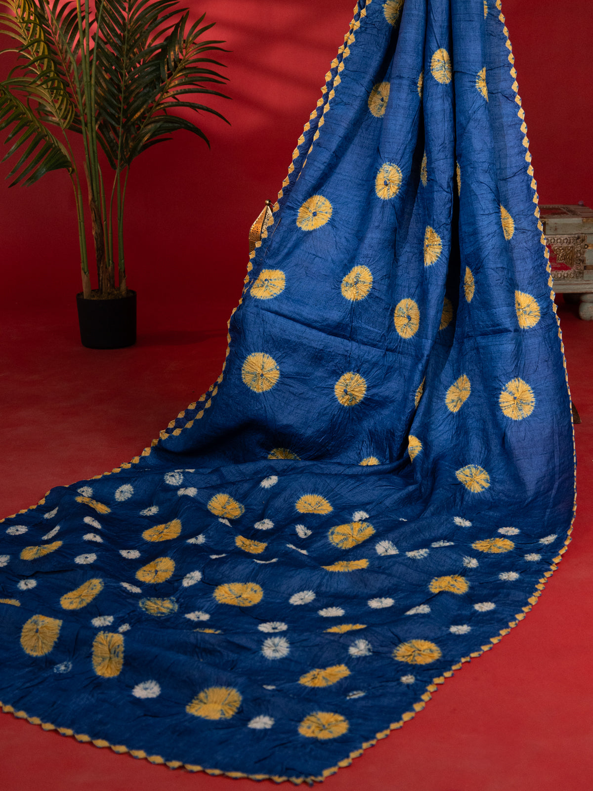 Blue & Pale Yellow Tussar Silk Saree With Shibori