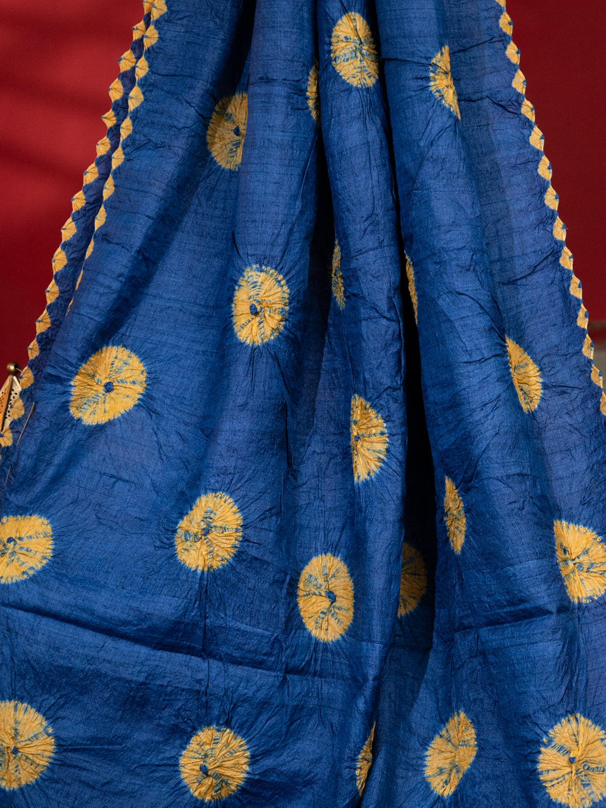 Blue & Pale Yellow Tussar Silk Saree With Shibori