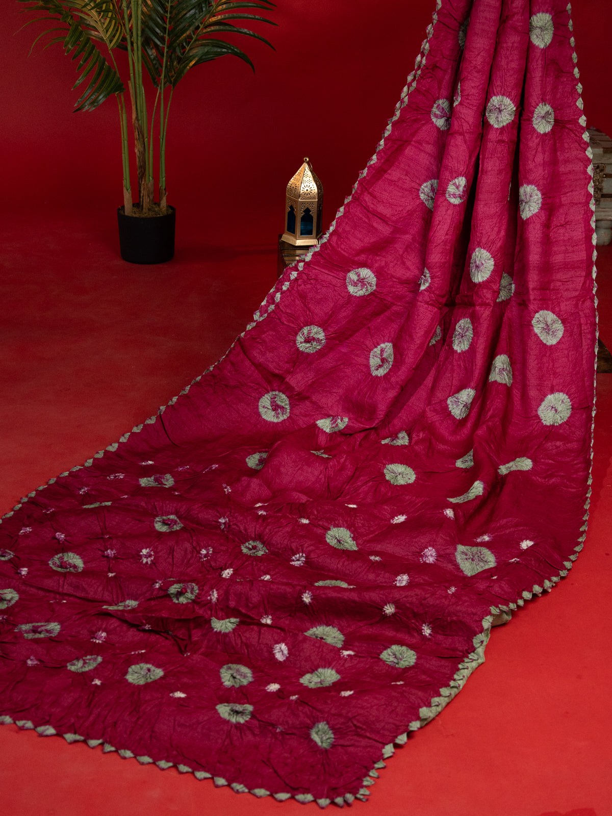 Maroon & Pastel Green Tussar Silk Saree With Shibori