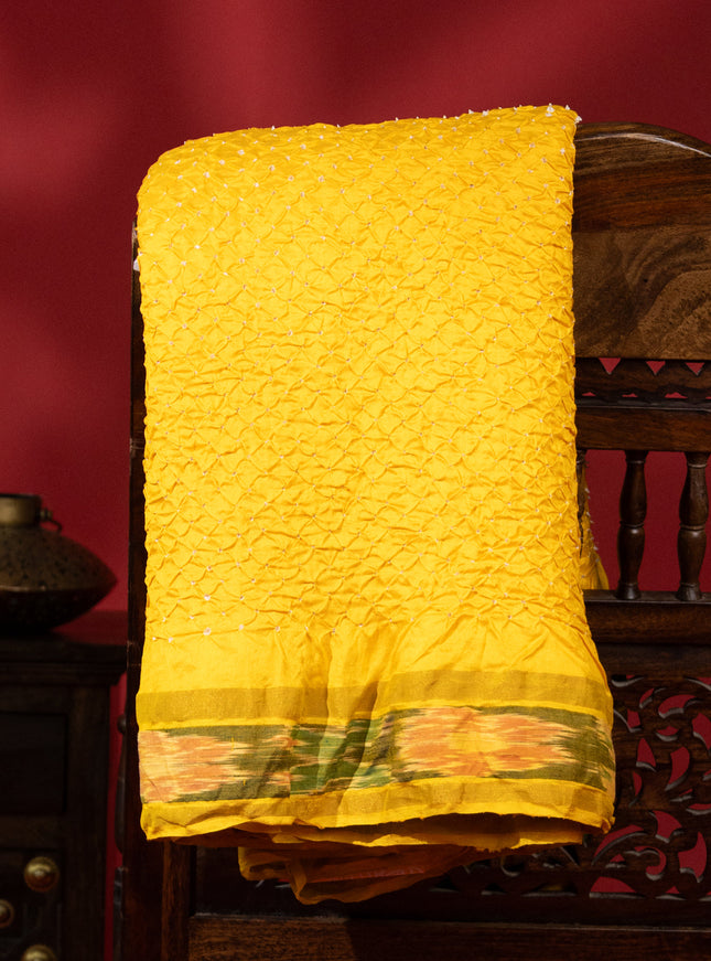 Yellow Tussar Silk Saree With Bandhej And Kantha Work