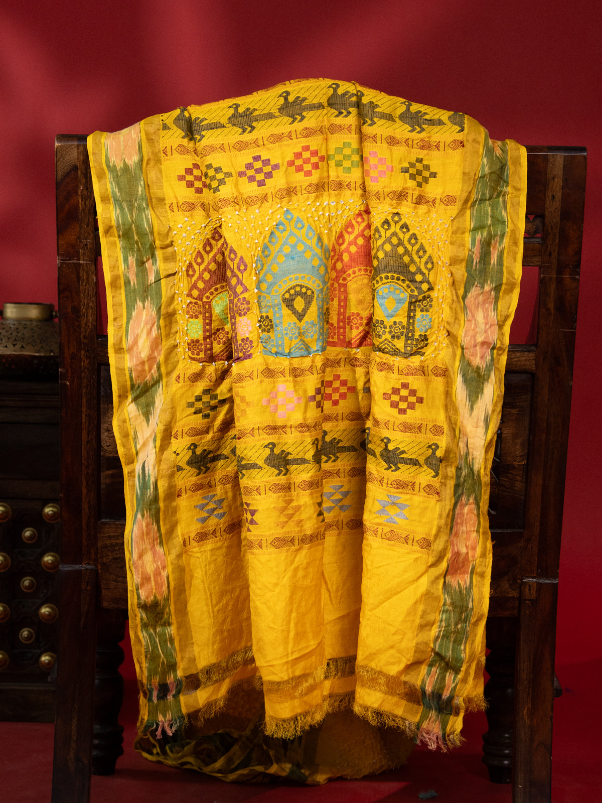 Yellow Tussar Silk Saree With Bandhej And Kantha Work