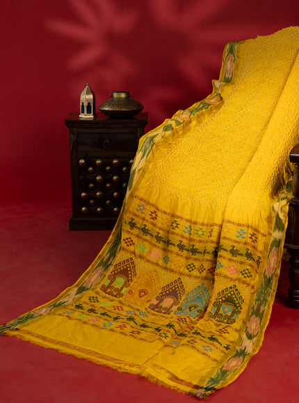 Yellow Tussar Silk Saree With Bandhej And Kantha Work