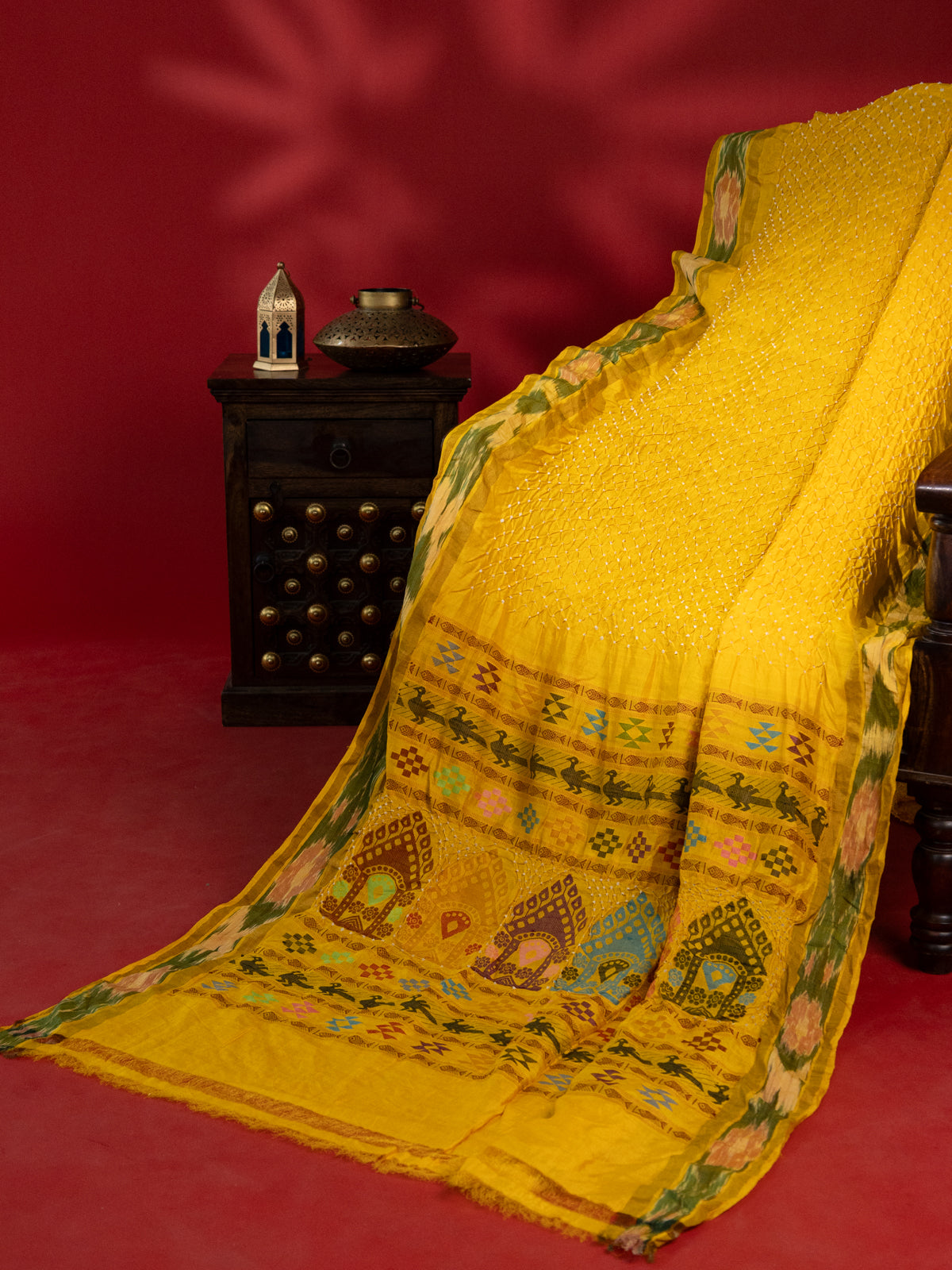 Yellow Tussar Silk Saree With Bandhej And Kantha Work