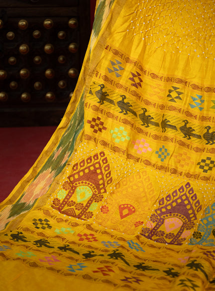 Yellow Tussar Silk Saree With Bandhej And Kantha Work