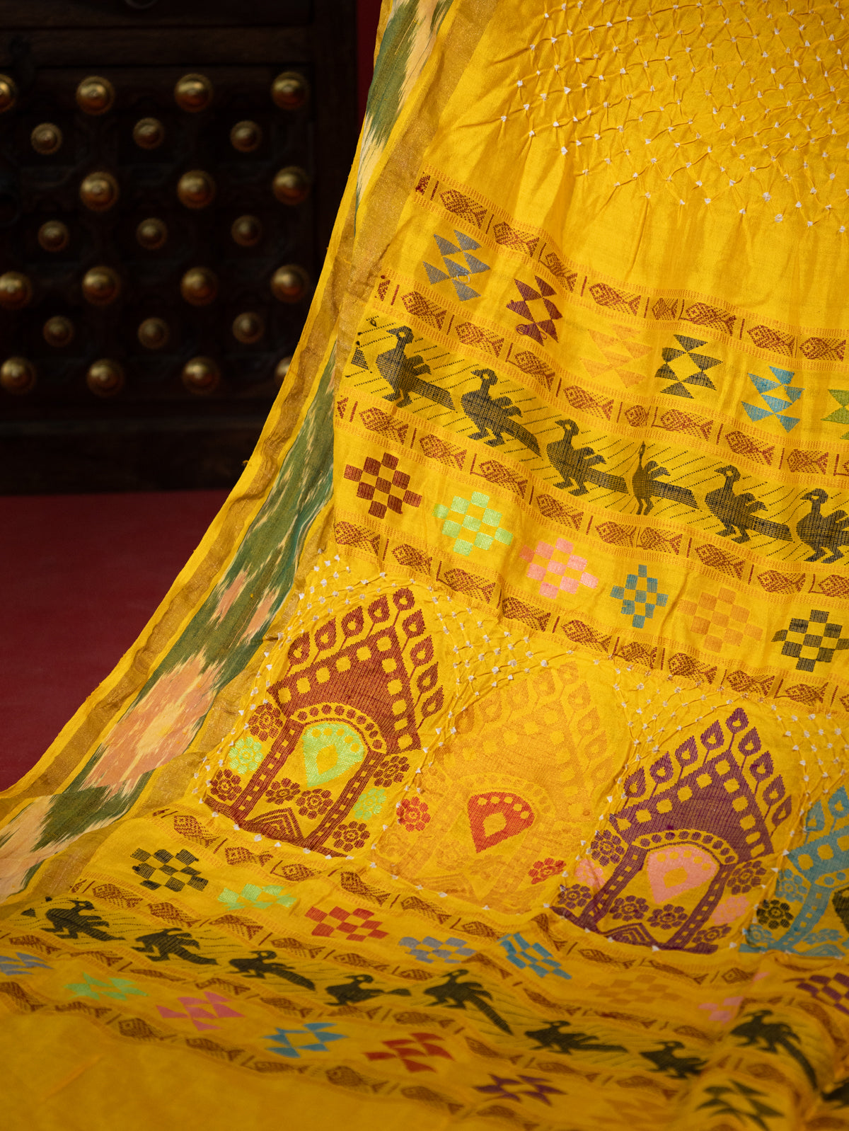 Yellow Tussar Silk Saree With Bandhej And Kantha Work