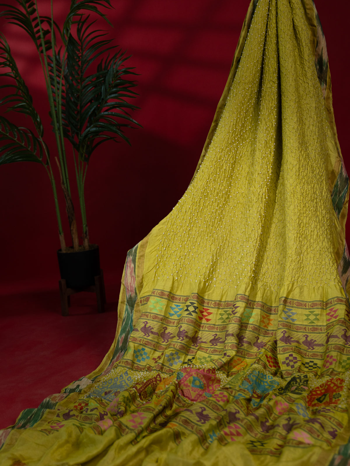 Lime Green Tussar Silk Saree With Bandhej And Kantha Work