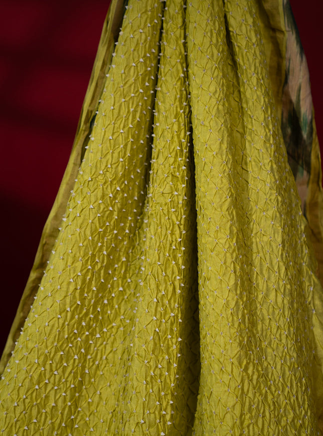Lime Green Tussar Silk Saree With Bandhej And Kantha Work