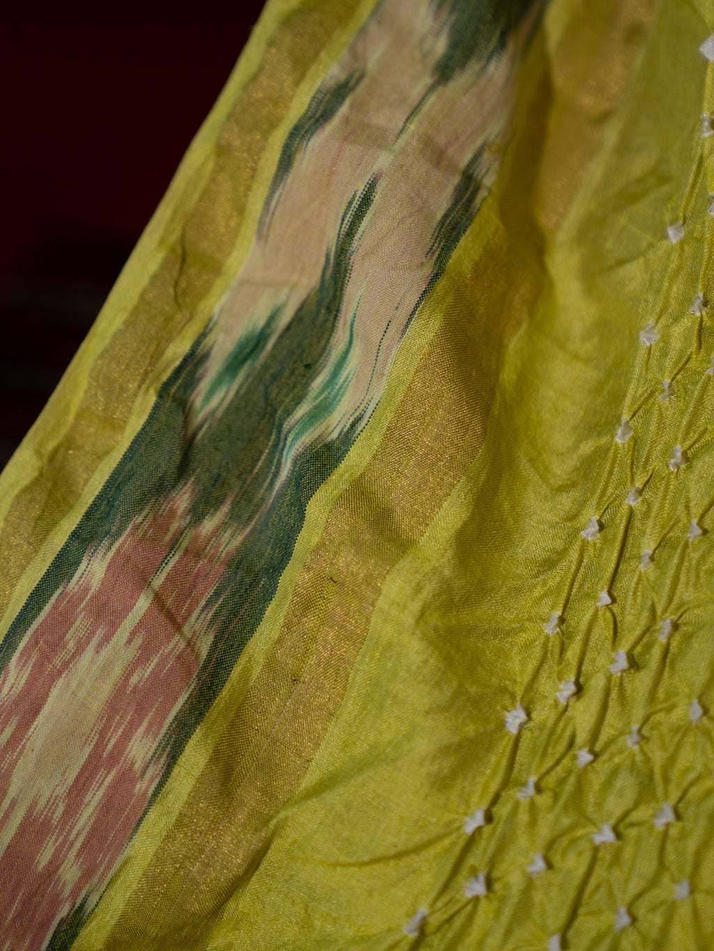 Lime Green Tussar Silk Saree With Bandhej And Kantha Work