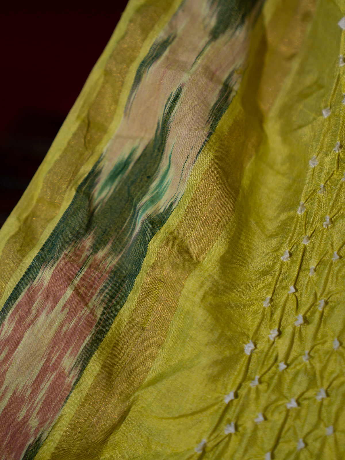 Lime Green Tussar Silk Saree With Bandhej And Kantha Work