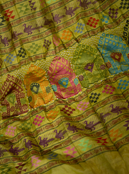 Lime Green Tussar Silk Saree With Bandhej And Kantha Work