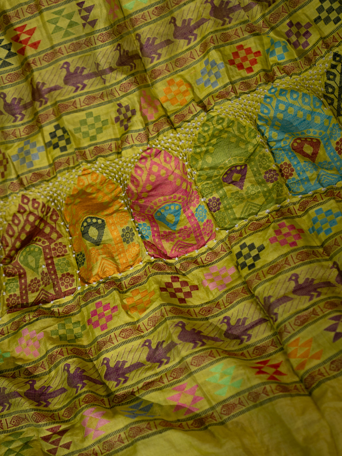 Lime Green Tussar Silk Saree With Bandhej And Kantha Work