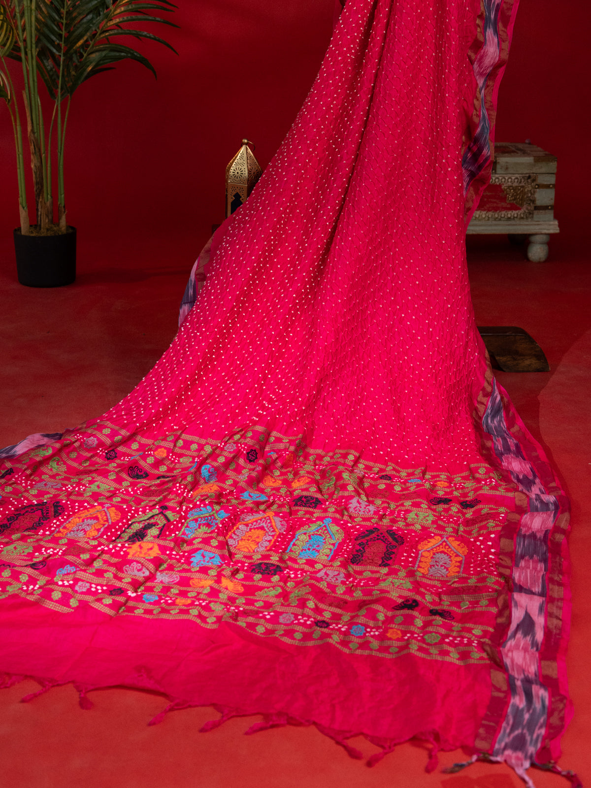 Pink Tussar Silk Saree With Bandhej And Kantha Work