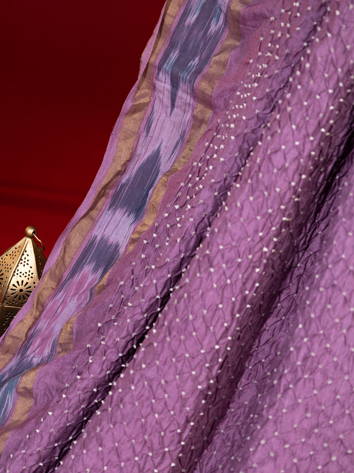 Pastel Purple Tussar Silk Saree With Bandhej And Kantha Work