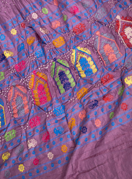 Pastel Purple Tussar Silk Saree With Bandhej And Kantha Work