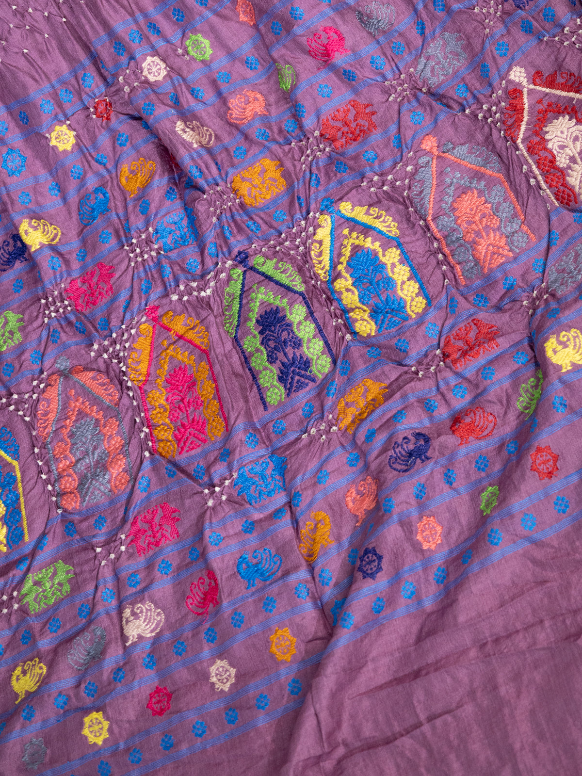 Pastel Purple Tussar Silk Saree With Bandhej And Kantha Work