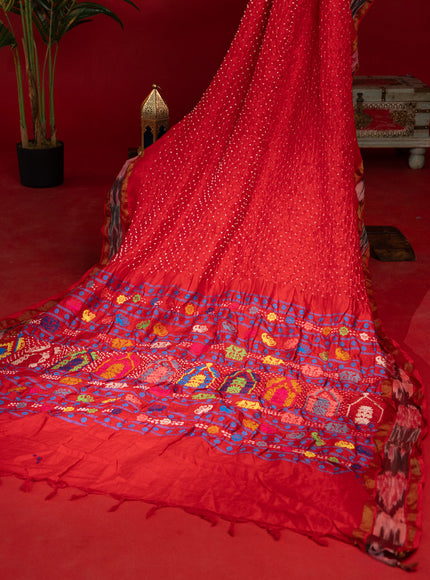 Red Tussar Silk Saree With Bandhej And Kantha Work