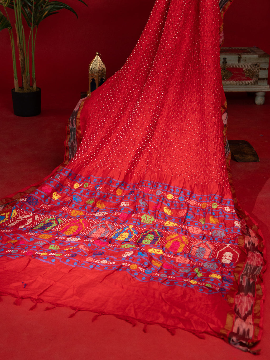 Red Tussar Silk Saree With Bandhej And Kantha Work