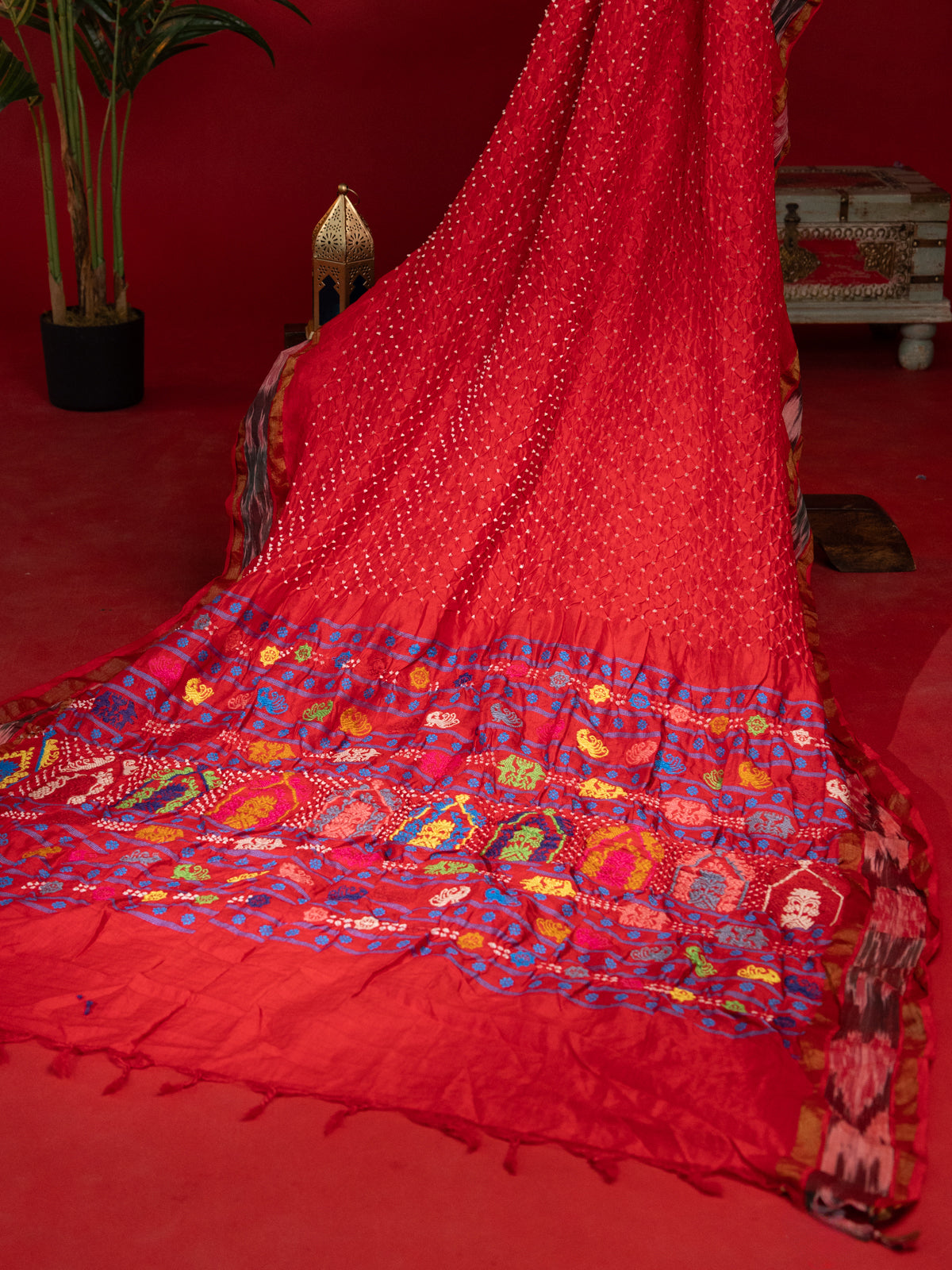 Red Tussar Silk Saree With Bandhej And Kantha Work