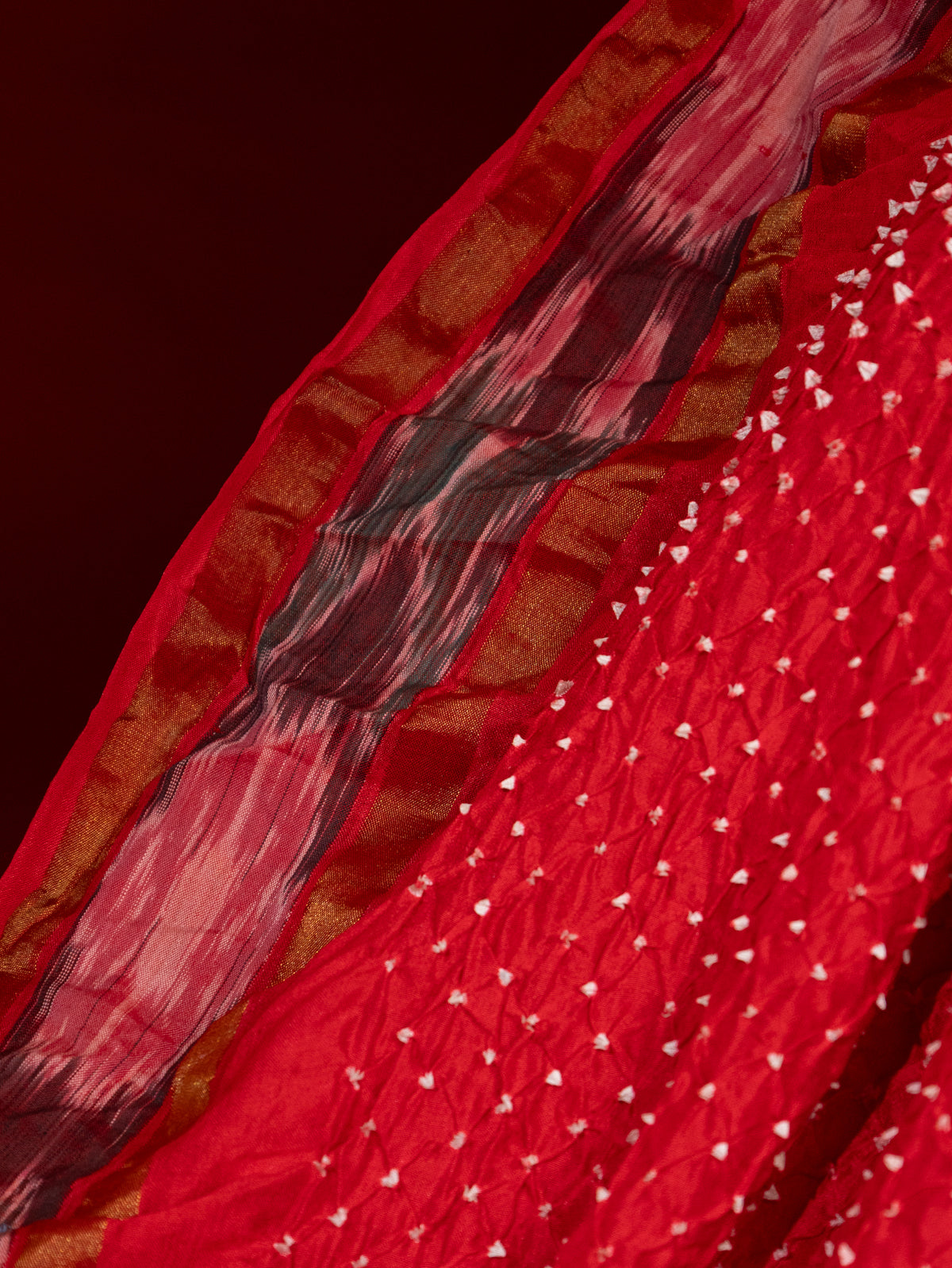 Red Tussar Silk Saree With Bandhej And Kantha Work