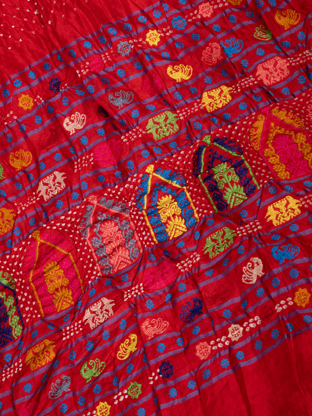 Red Tussar Silk Saree With Bandhej And Kantha Work