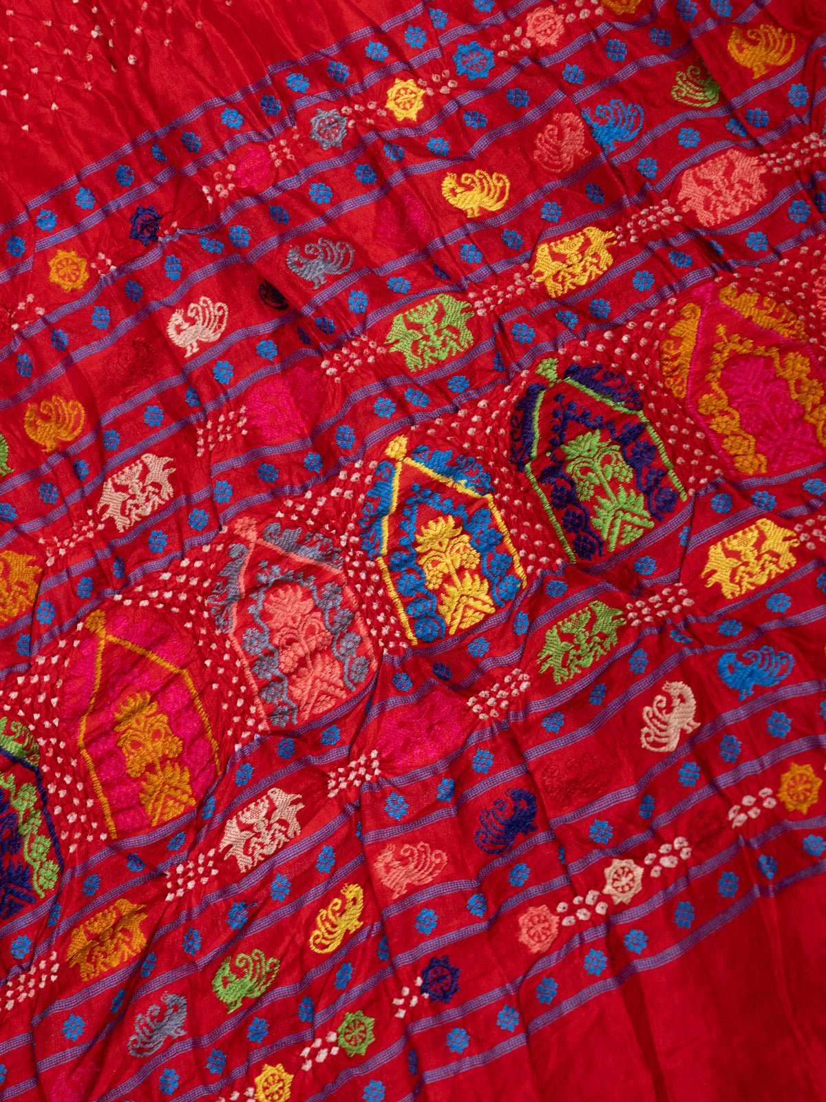 Red Tussar Silk Saree With Bandhej And Kantha Work