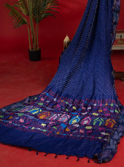 Blue Tussar Silk Saree With Bandhej And Kantha Work