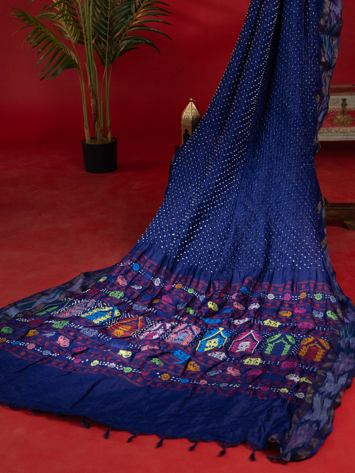 Blue Tussar Silk Saree With Bandhej And Kantha Work